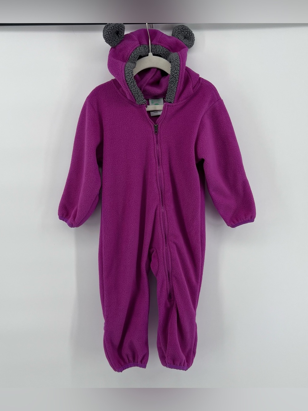 Cuddle Club Fleece Fuzzy Warm Snow Bodysuit w/bear ears magenta gray 12-18 month